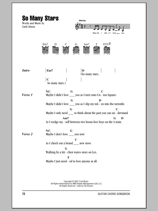 Carly Simon So Many Stars sheet music notes and chords arranged for Guitar Chords/Lyrics
