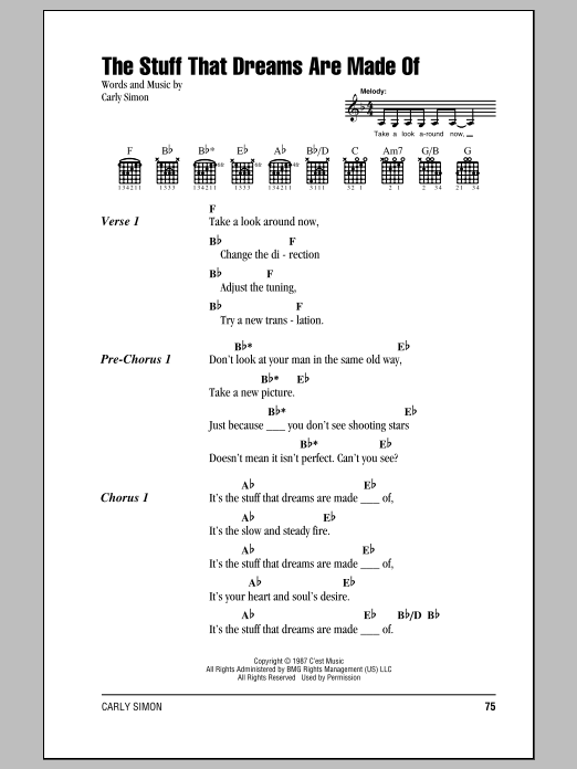 Carly Simon The Stuff That Dreams Are Made Of sheet music notes and chords arranged for Guitar Chords/Lyrics