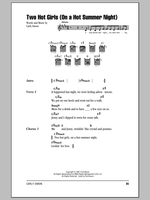 Carly Simon Two Hot Girls (On A Hot Summer Night) sheet music notes and chords arranged for Guitar Chords/Lyrics