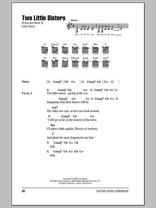 Carly Simon Two Little Sisters sheet music notes and chords arranged for Guitar Chords/Lyrics
