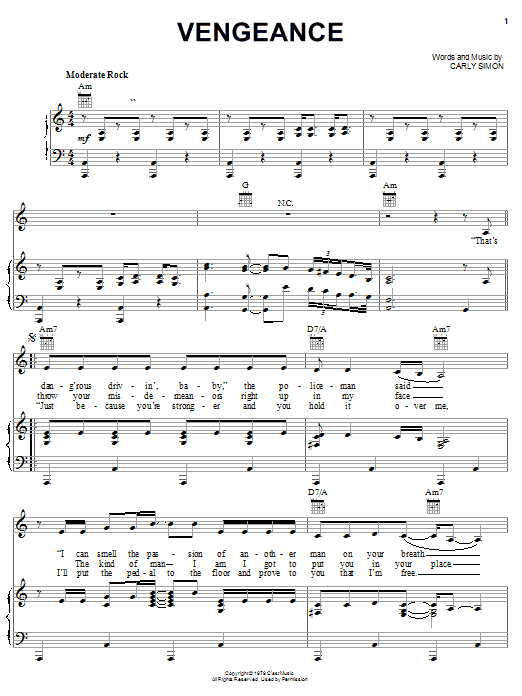 Carly Simon Vengeance sheet music notes and chords arranged for Piano, Vocal & Guitar Chords (Right-Hand Melody)