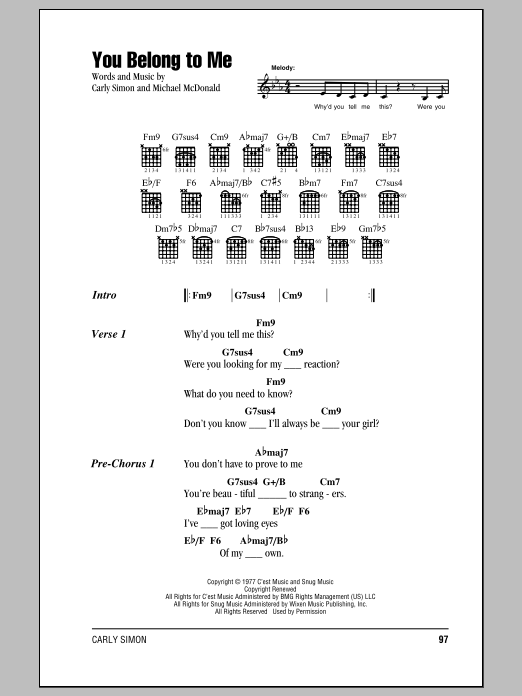 Carly Simon You Belong To Me sheet music notes and chords arranged for Guitar Chords/Lyrics