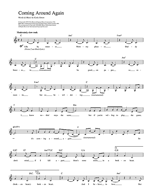 Carly Simon Coming Around Again sheet music notes and chords. Download Printable PDF.