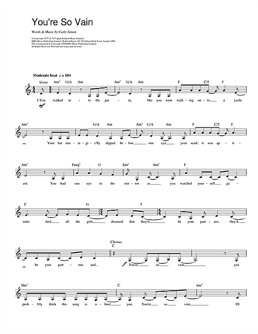 Carly Simon You're So Vain sheet music notes and chords arranged for Real Book – Melody, Lyrics & Chords