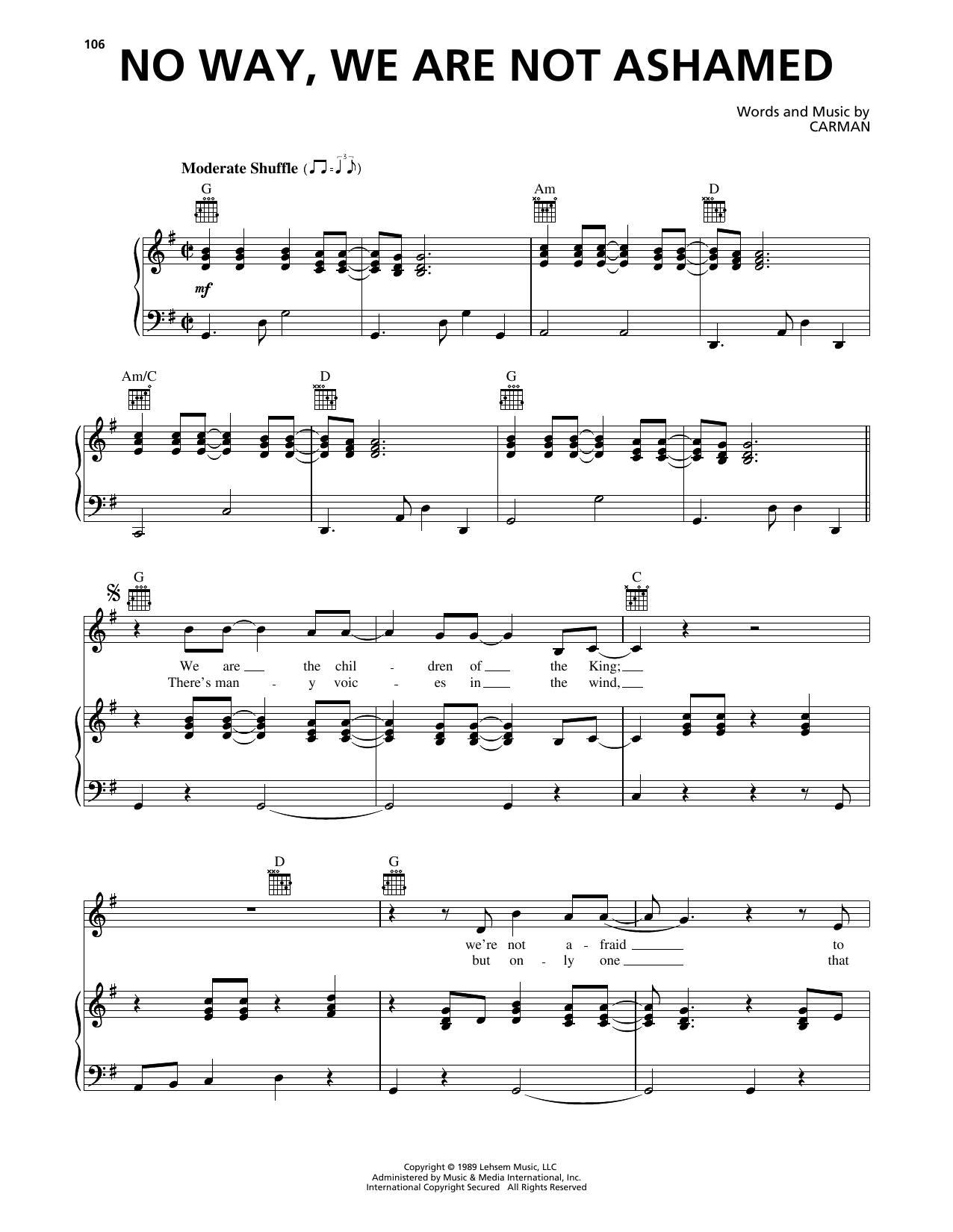 Carman No Way, We Are Not Ashamed sheet music notes and chords arranged for Piano, Vocal & Guitar Chords (Right-Hand Melody)