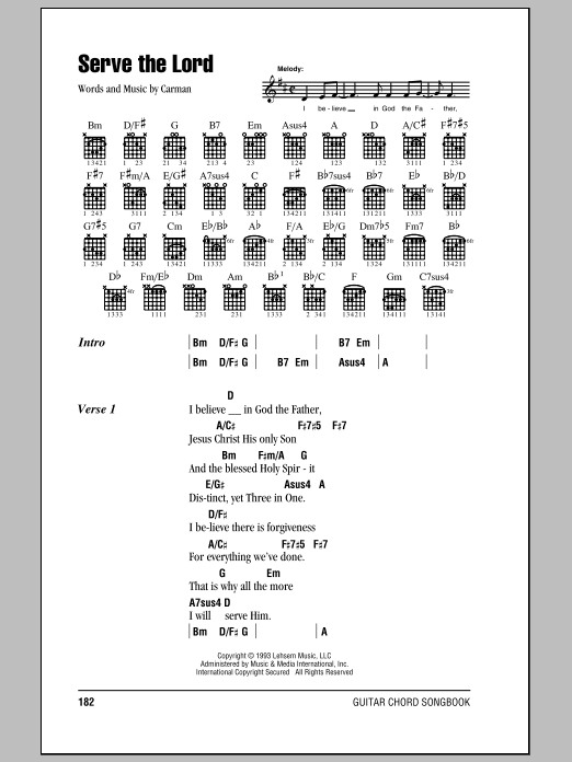 Carman Serve The Lord sheet music notes and chords arranged for Piano, Vocal & Guitar Chords (Right-Hand Melody)