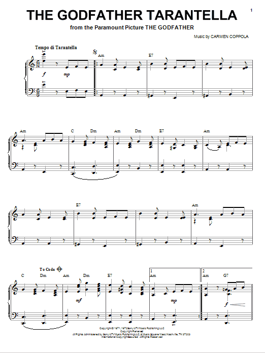 Carmen Coppola The Godfather Tarantella sheet music notes and chords arranged for Piano, Vocal & Guitar Chords (Right-Hand Melody)