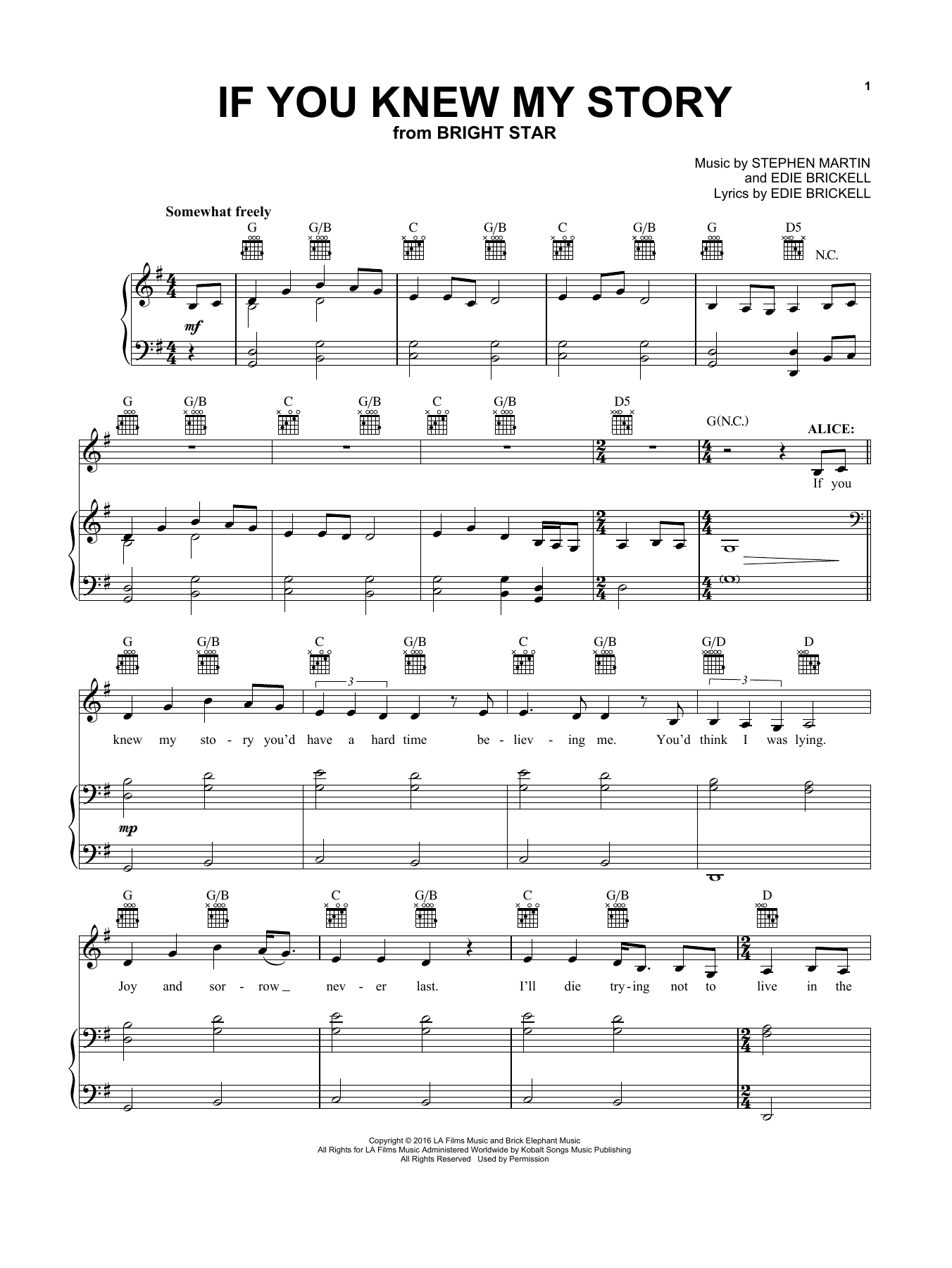 Carmen Cusack If You Knew My Story (from Bright Star Musical) sheet music notes and chords arranged for Vocal Pro + Piano/Guitar