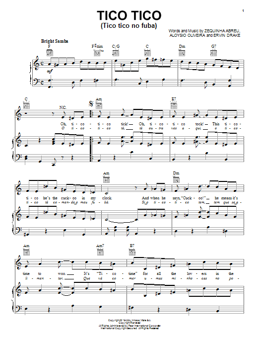 Carmen Miranda Tico Tico (Tico Tico No Fuba) sheet music notes and chords arranged for Piano Solo