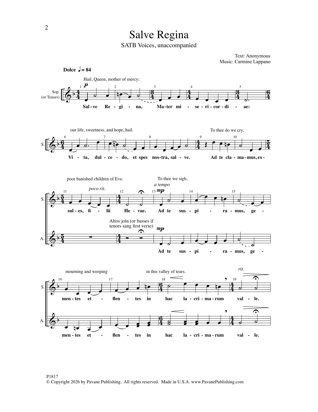 Carmine Lappano Salve Regina sheet music notes and chords arranged for SATB Choir