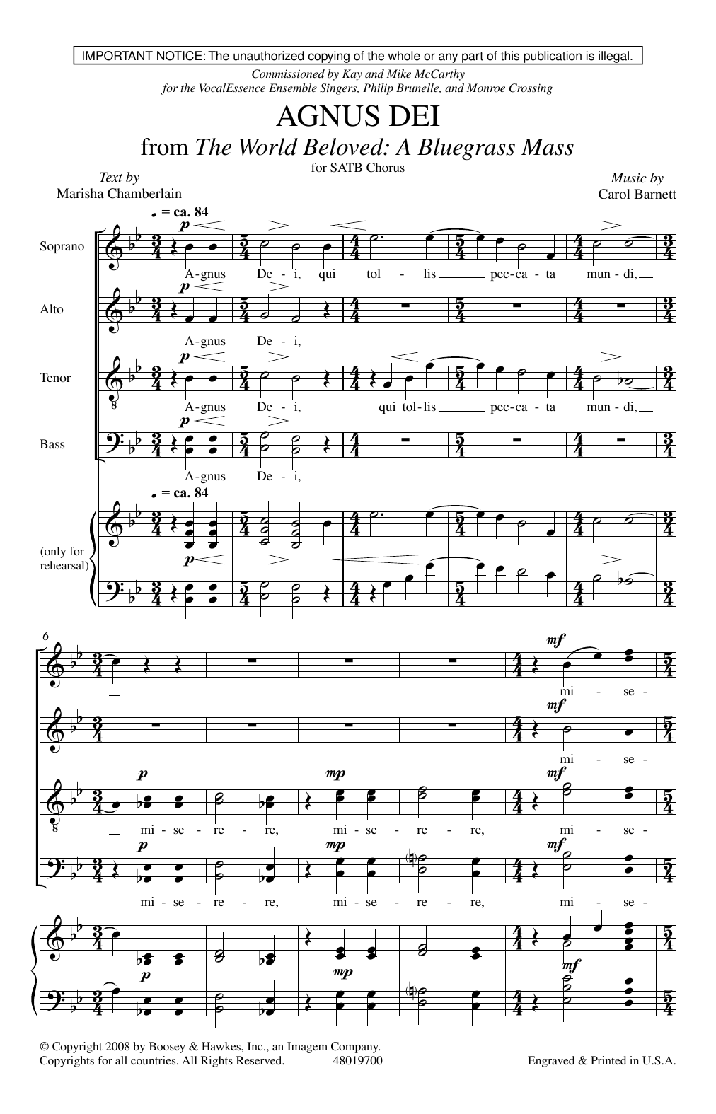 Carol Barnett Agnus Dei (from The World Beloved: A Bluegrass Mass) sheet music notes and chords arranged for SATB Choir