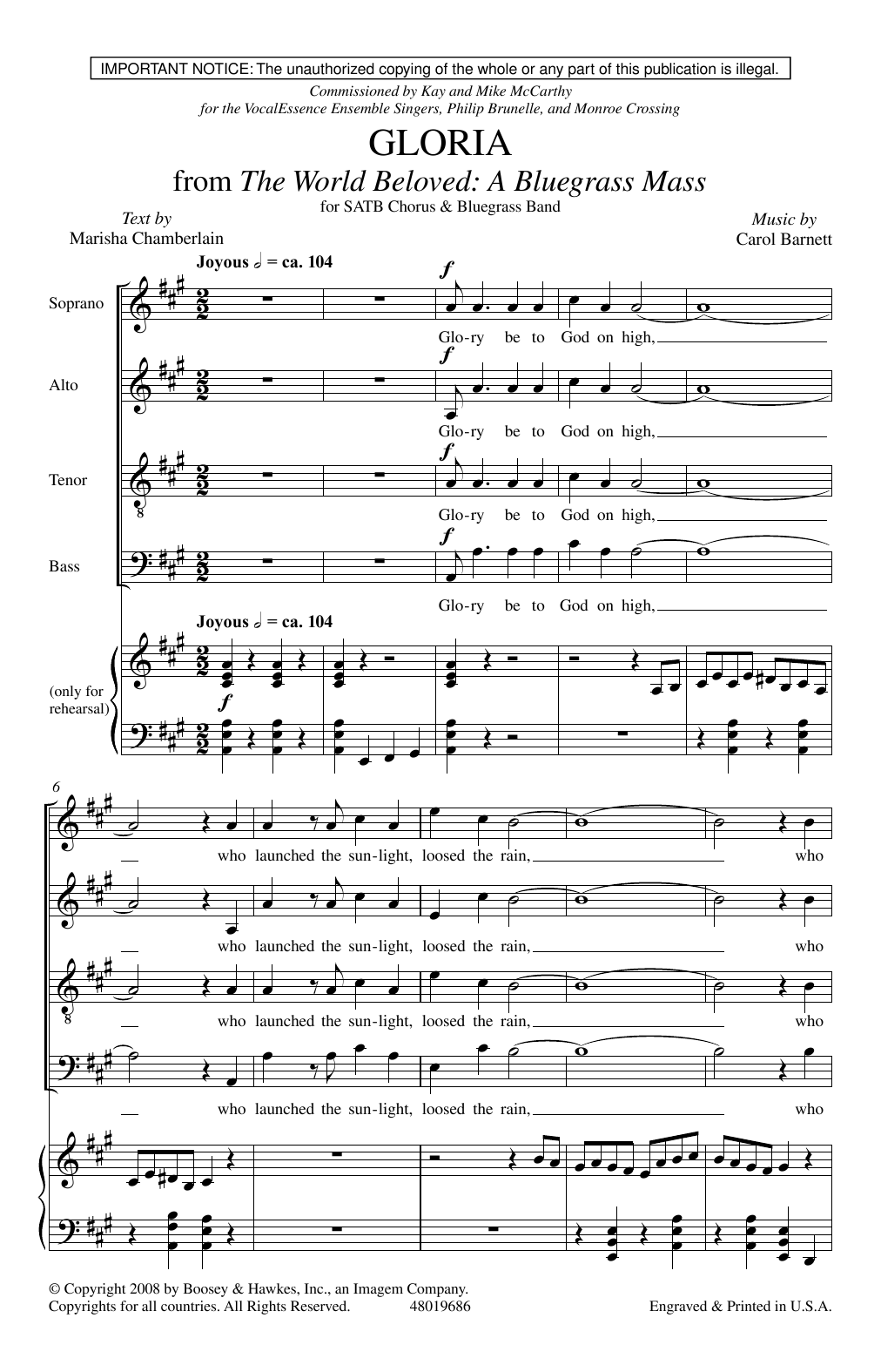 Carol Barnett Gloria (from The World Beloved: A Bluegrass Mass) sheet music notes and chords arranged for SATB Choir