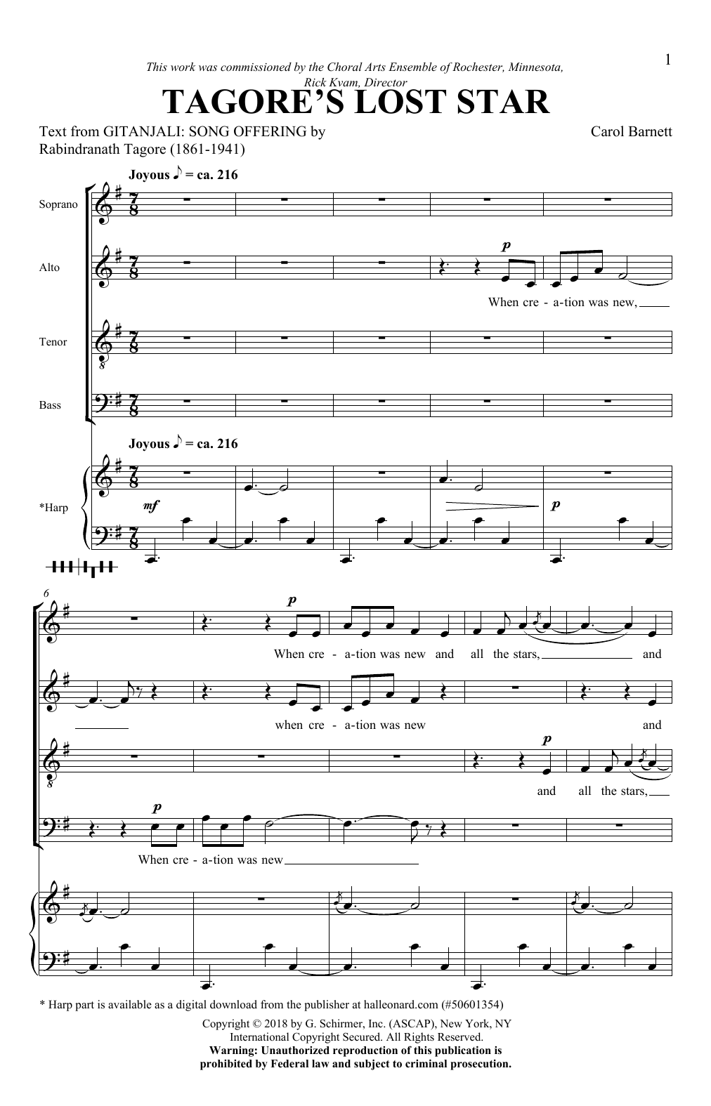 Carol Barnett Tagore's Lost Star sheet music notes and chords arranged for SATB Choir