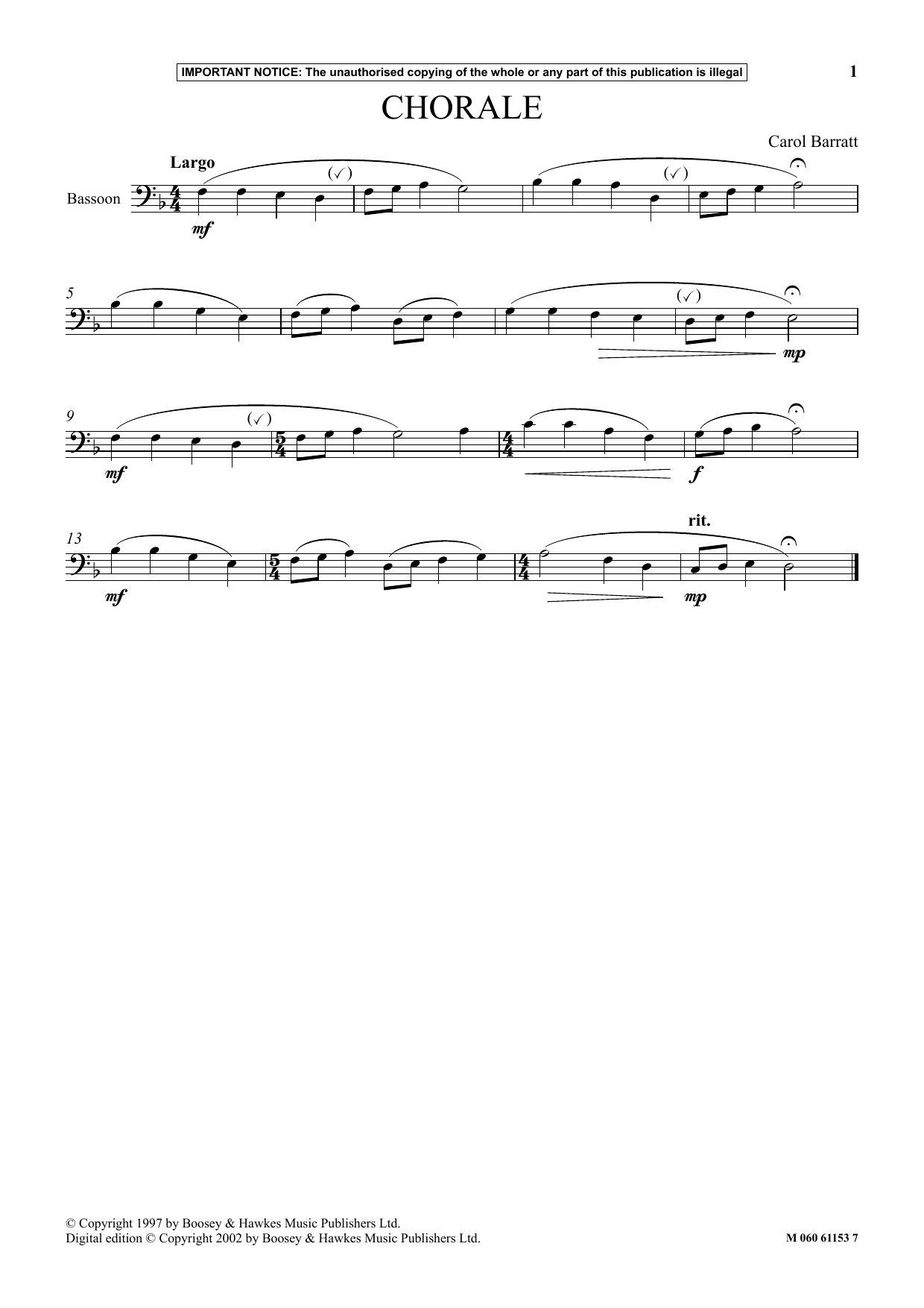 Carol Barratt Chorale sheet music notes and chords arranged for Instrumental Solo