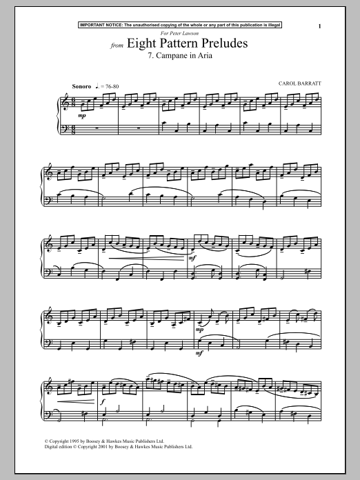 Carol Barratt Eight Pattern Preludes, 7. Campane In Aria sheet music notes and chords arranged for Piano Solo