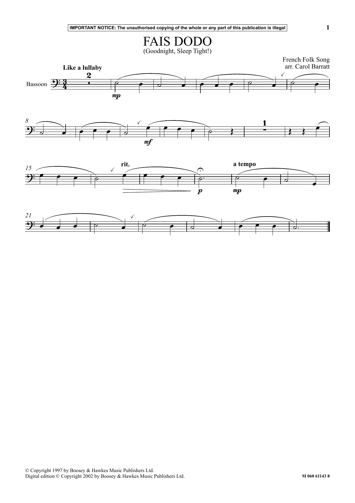 Carol Barratt Fais Dodo (Goodnight, Sleep Tight) sheet music notes and chords arranged for Instrumental Solo