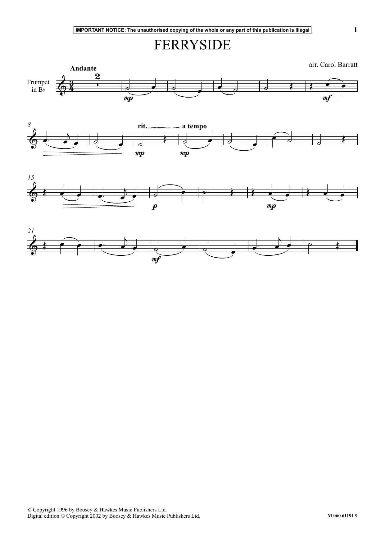 Carol Barratt Ferryside sheet music notes and chords arranged for Instrumental Solo