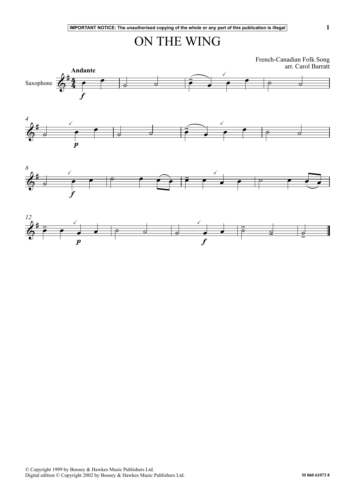 Carol Barratt On The Wing sheet music notes and chords arranged for Instrumental Solo