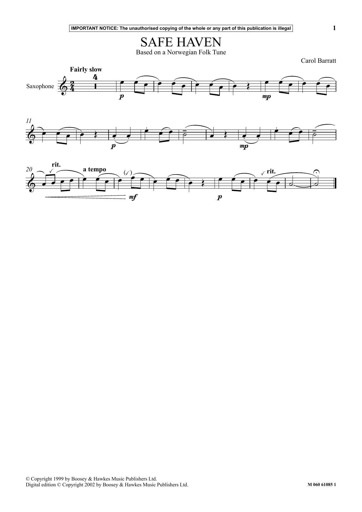 Carol Barratt Safe Haven sheet music notes and chords arranged for Instrumental Solo