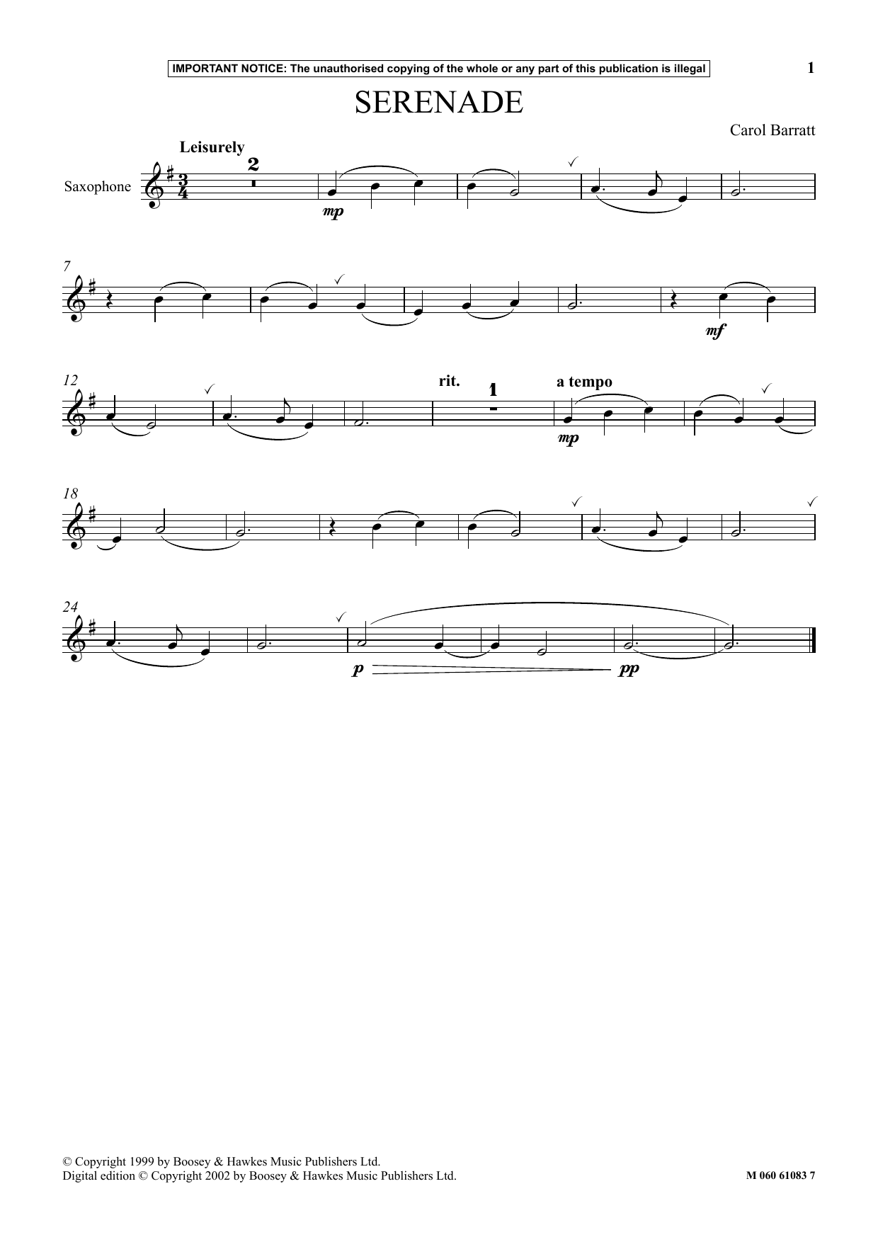 Carol Barratt Serenade sheet music notes and chords arranged for Instrumental Solo
