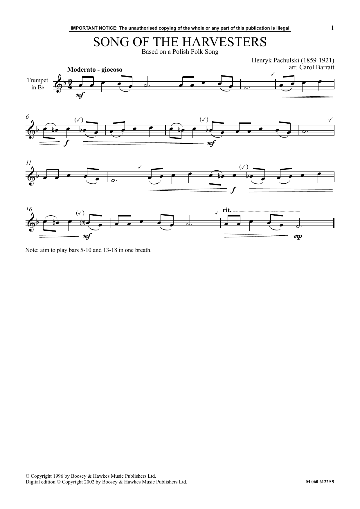 Carol Barratt Song Of The Harvesters sheet music notes and chords arranged for Instrumental Solo