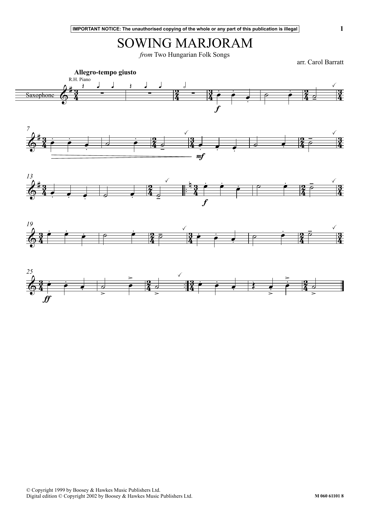 Carol Barratt Sowing Marjoram (from Two Hungarian Folk Songs) sheet music notes and chords arranged for Instrumental Solo