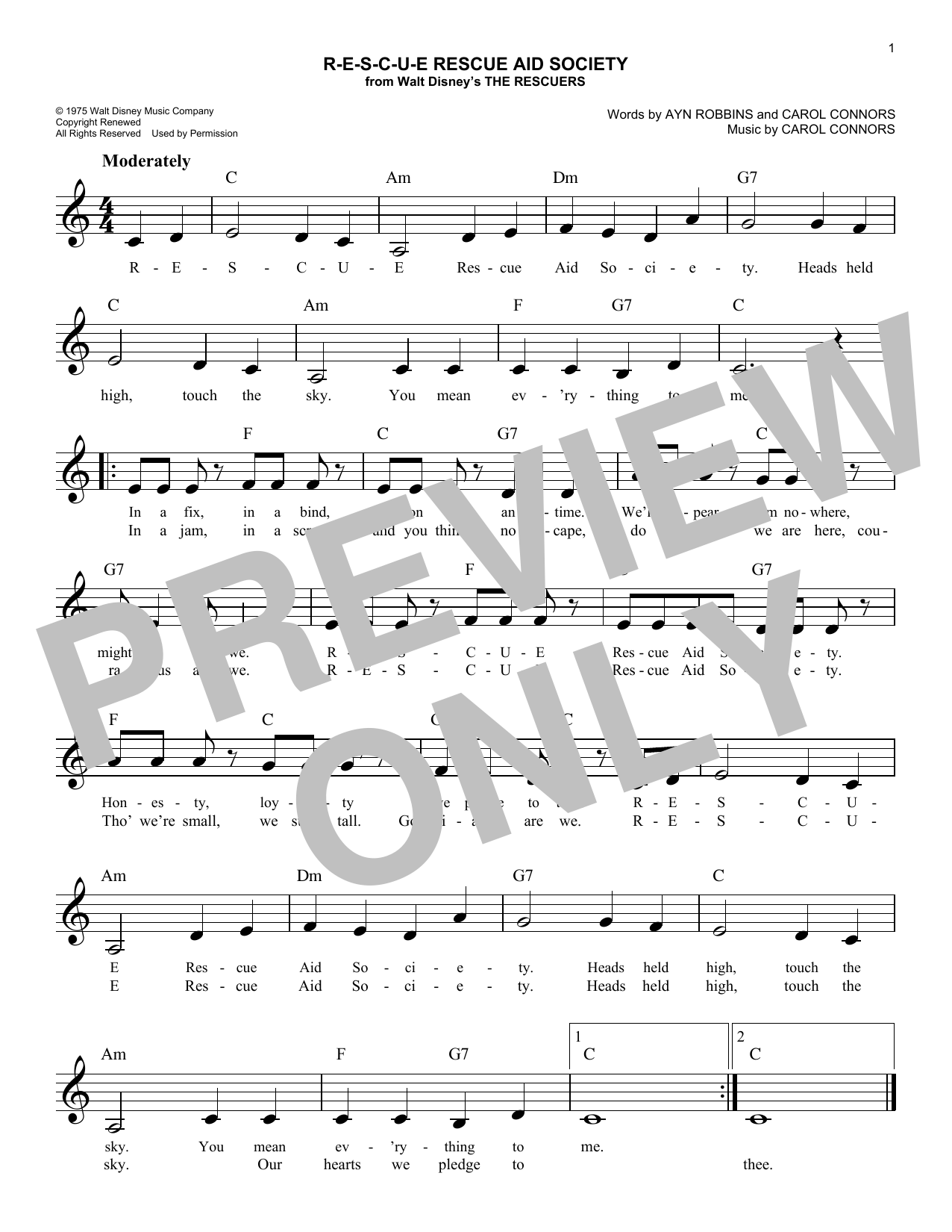 Carol Connors R-E-S-C-U-E Rescue Aid Society sheet music notes and chords arranged for Easy Lead Sheet / Fake Book