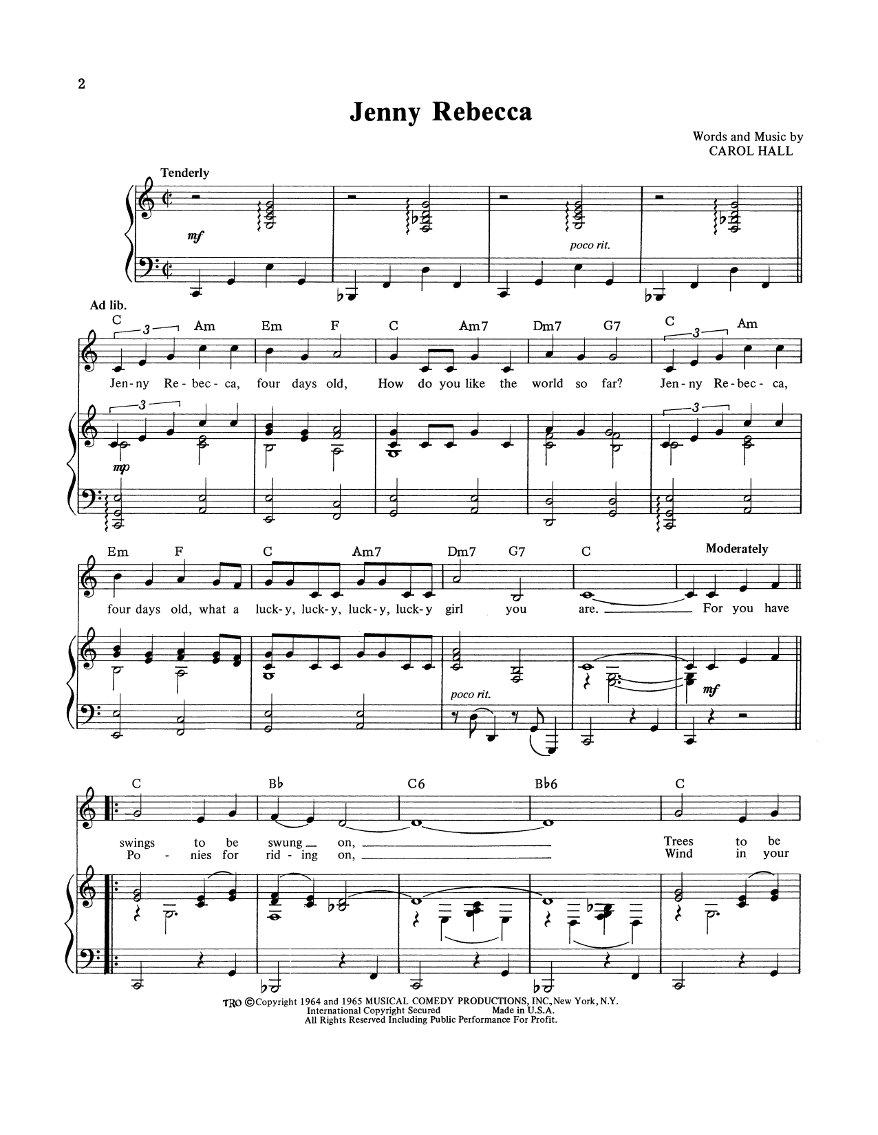Carol Hall Jenny Rebecca sheet music notes and chords arranged for Piano, Vocal & Guitar Chords (Right-Hand Melody)