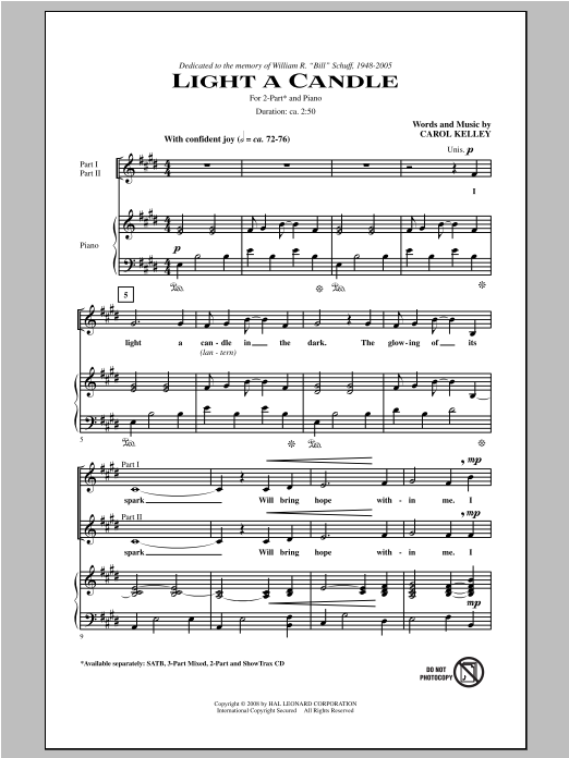 Carol Kelley Light A Candle sheet music notes and chords arranged for 3-Part Mixed Choir