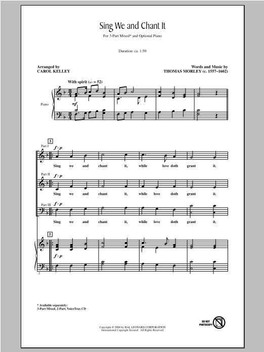 Carol Kelley Sing We And Chant It sheet music notes and chords arranged for 3-Part Mixed Choir