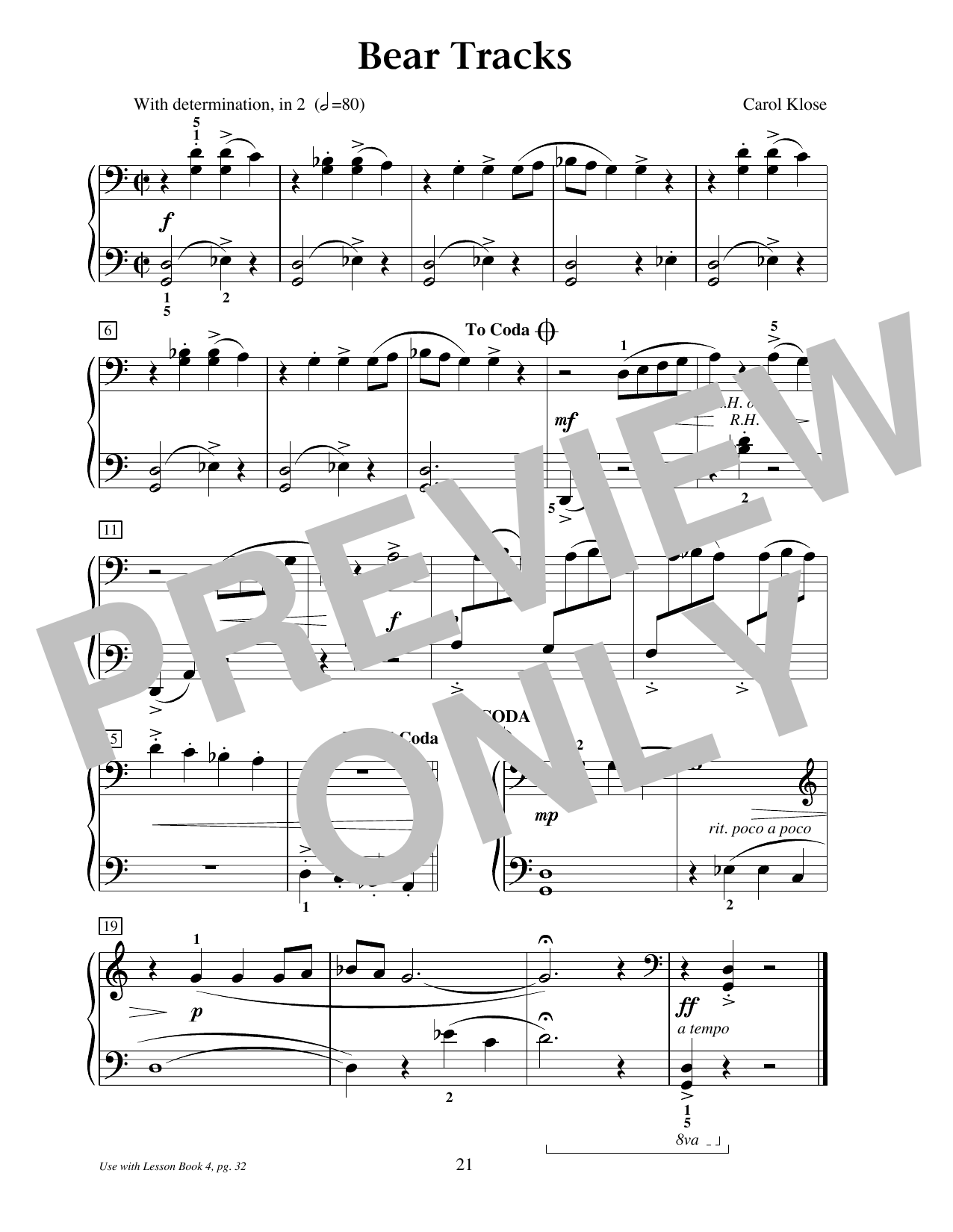 Carol Klose Bear Tracks sheet music notes and chords arranged for Educational Piano