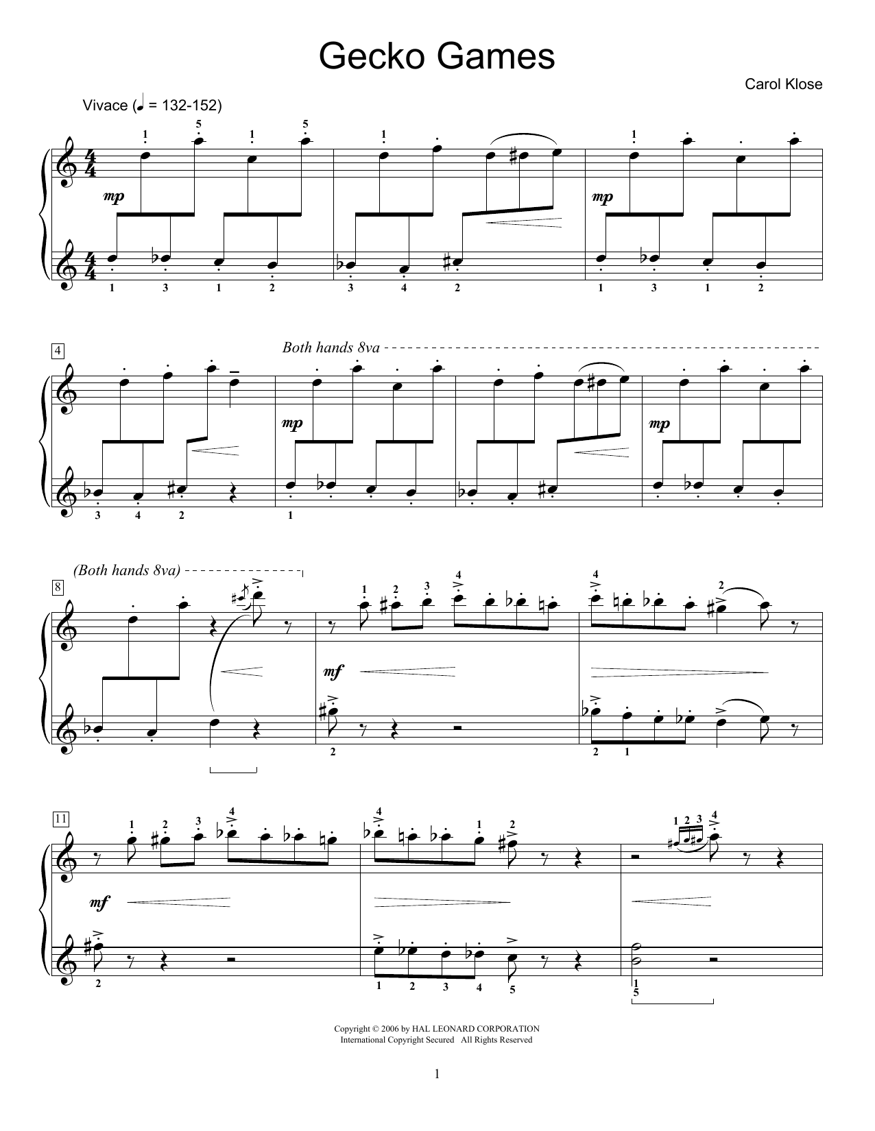 Carol Klose Gecko Games sheet music notes and chords arranged for Educational Piano