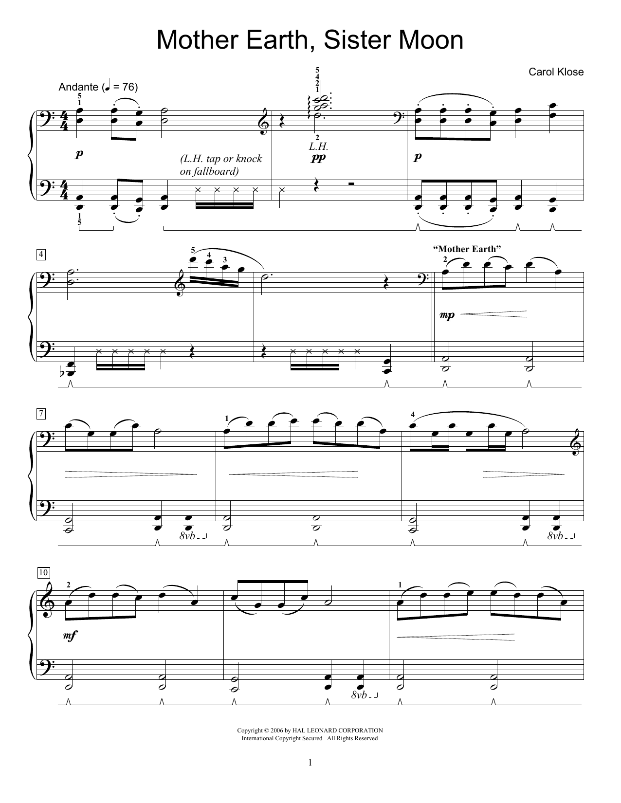 Carol Klose Mother Earth, Sister Moon sheet music notes and chords arranged for Educational Piano