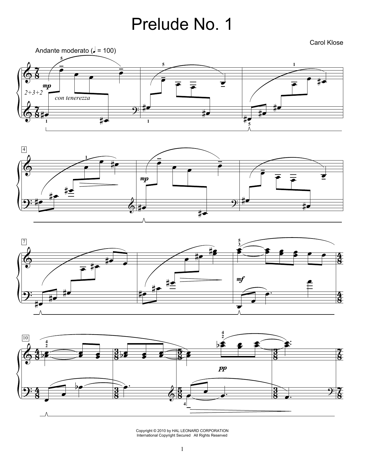 Carol Klose Prelude No. 1 sheet music notes and chords arranged for Educational Piano
