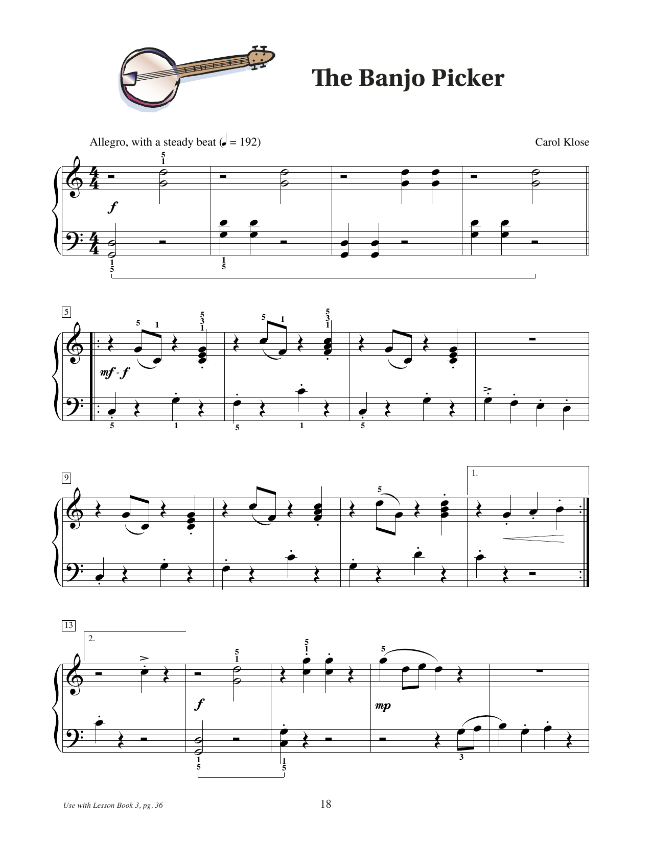 Carol Klose The Banjo Picker sheet music notes and chords arranged for Educational Piano