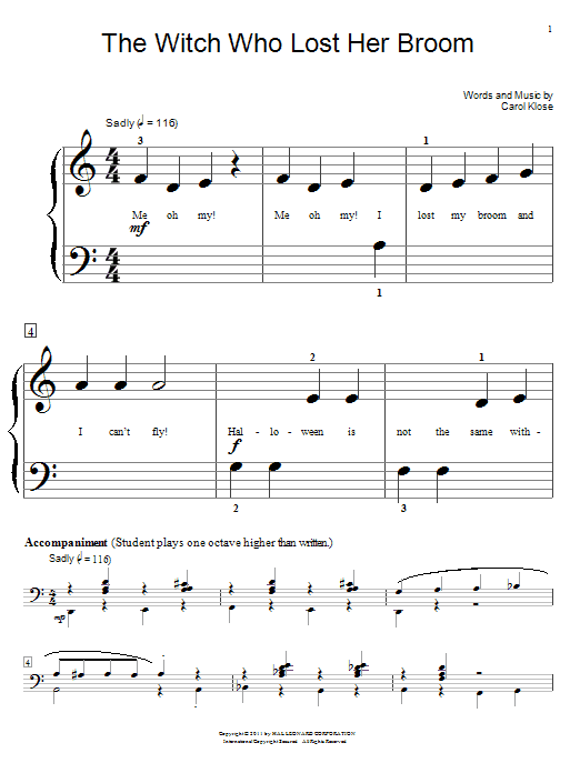 Carol Klose The Witch Who Lost Her Broom sheet music notes and chords arranged for Educational Piano