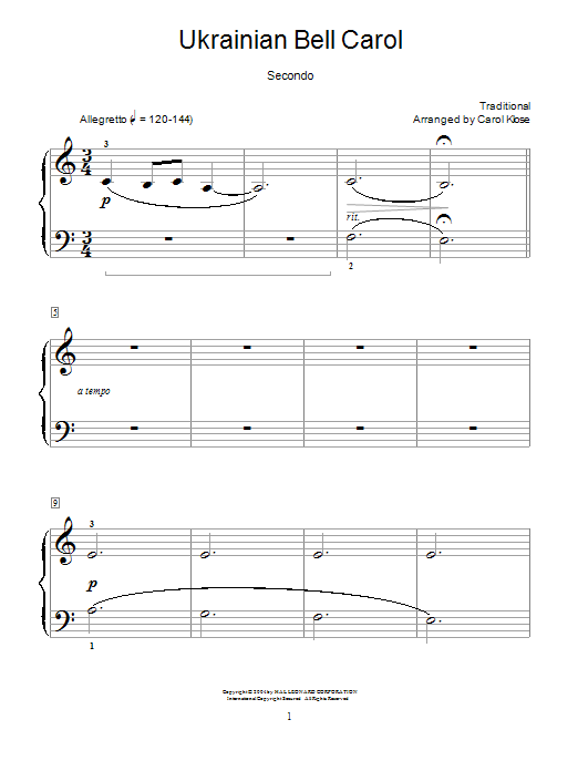 Carol Klose Ukrainian Bell Carol sheet music notes and chords arranged for Piano Duet