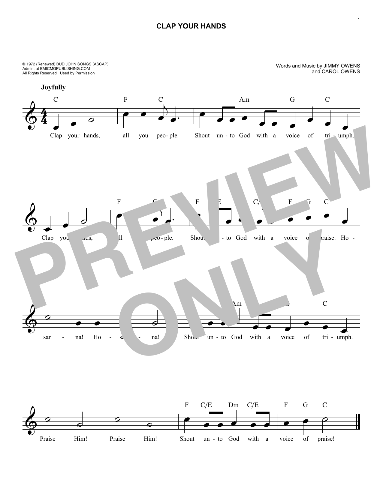 Carol Owens Clap Your Hands sheet music notes and chords arranged for Lead Sheet / Fake Book