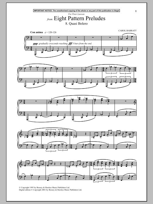 Carol Barratt Eight Pattern Preludes, 8. Quasi Bolero sheet music notes and chords arranged for Piano Solo