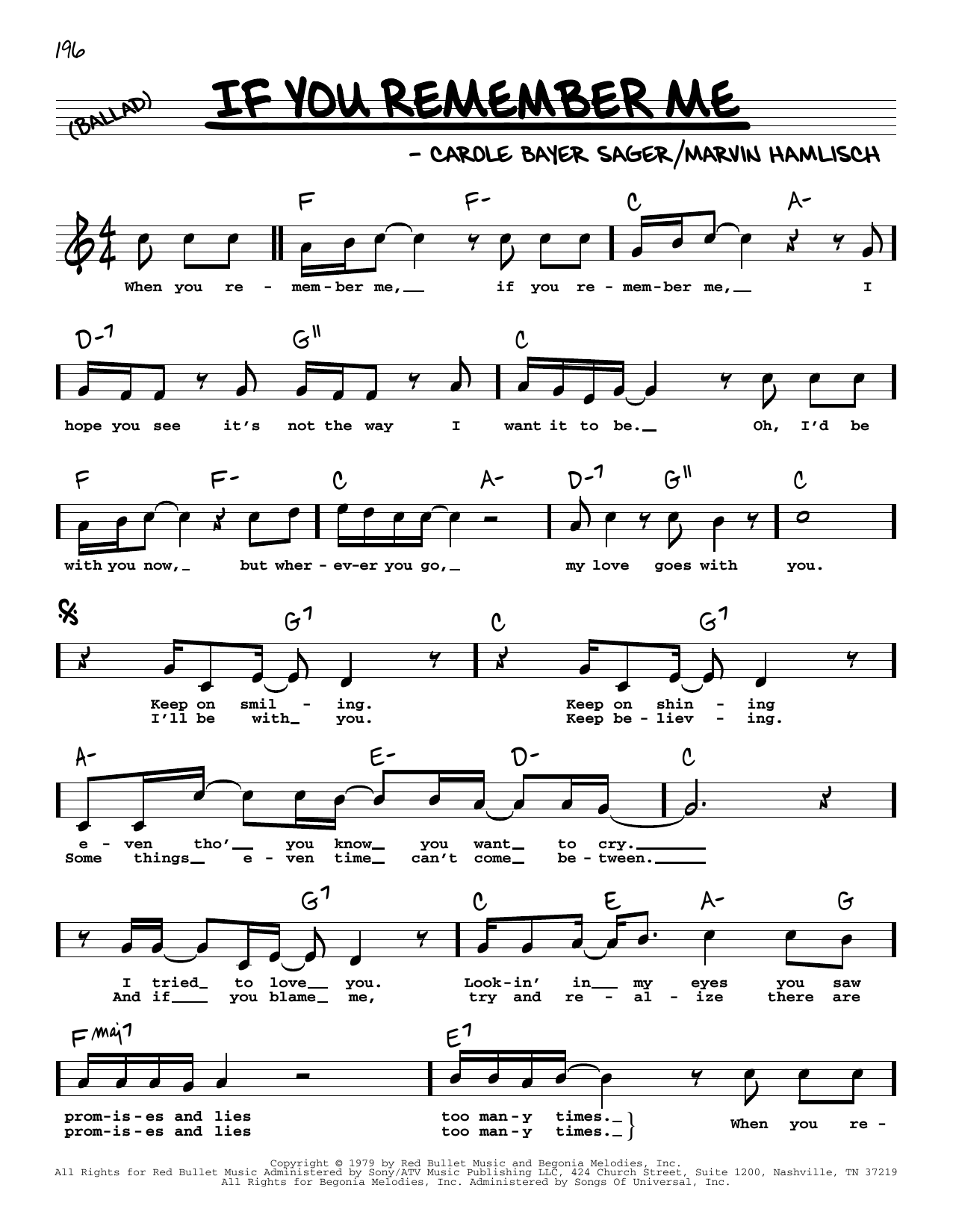 Carole Bayer Sager If You Remember Me (High Voice) sheet music notes and chords arranged for Real Book – Melody, Lyrics & Chords