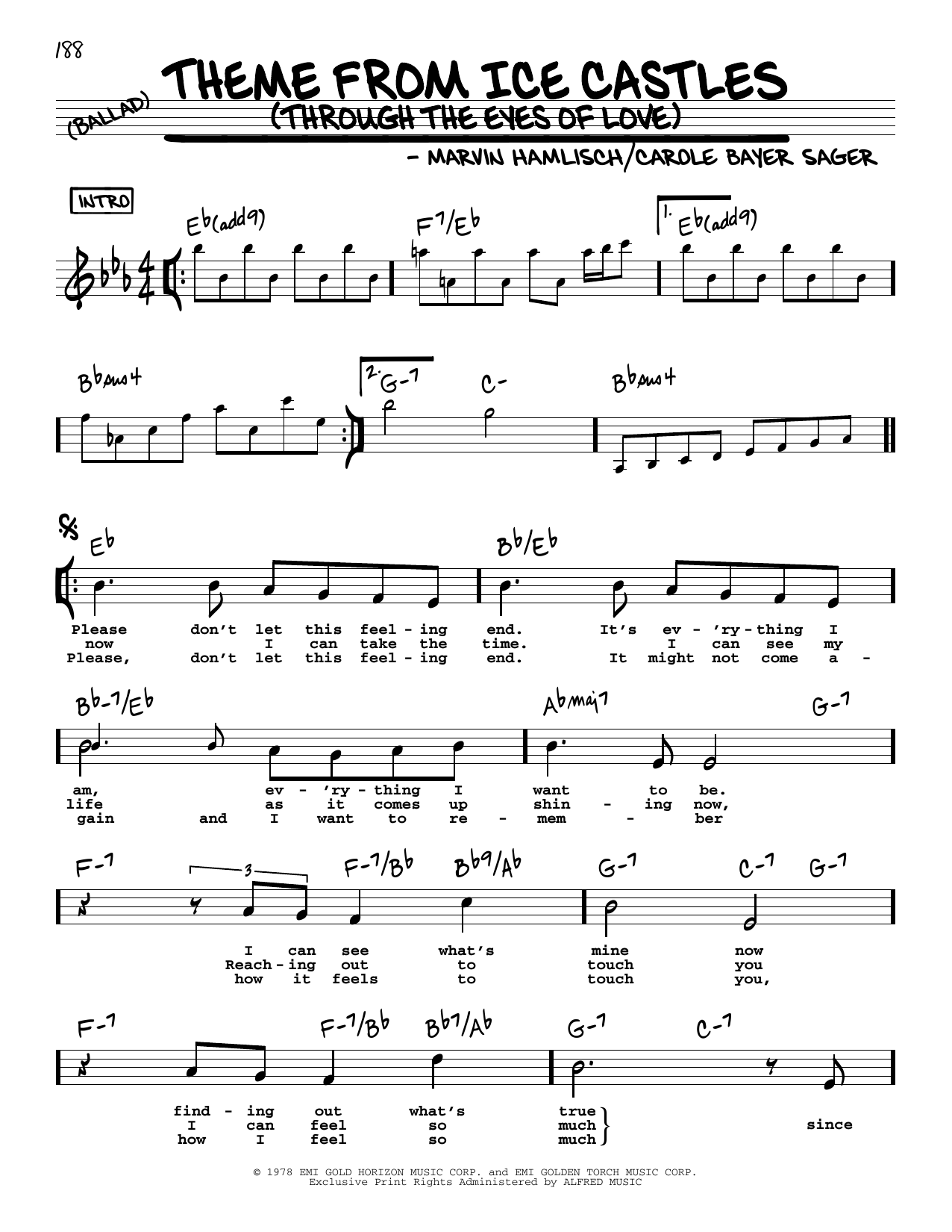 Carole Bayer Sager Theme From Ice Castles (Through The Eyes Of Love) (High Voice) sheet music notes and chords arranged for Real Book – Melody, Lyrics & Chords