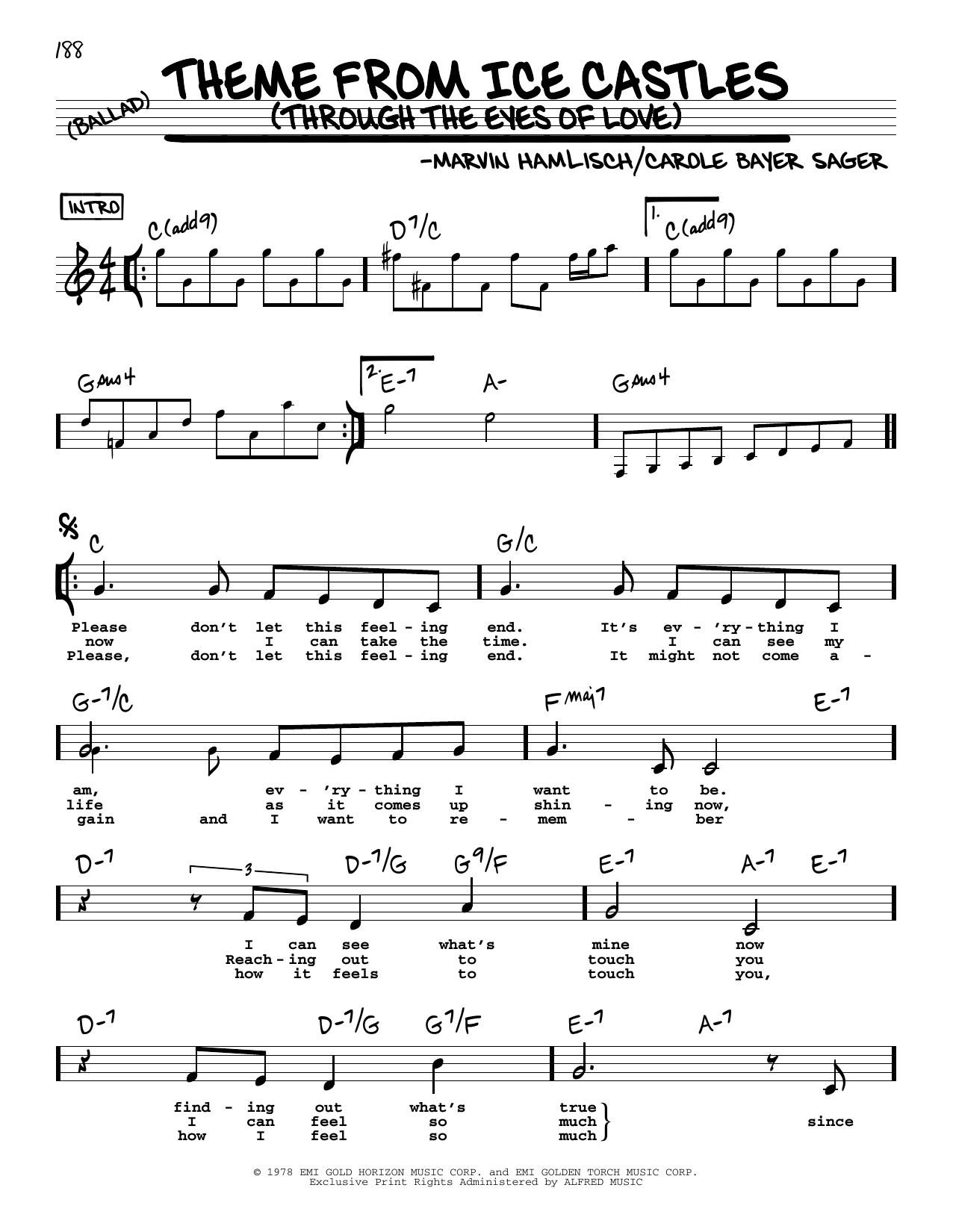 Carole Bayer Sager Theme From Ice Castles (Through The Eyes Of Love) (Low Voice) sheet music notes and chords arranged for Real Book – Melody, Lyrics & Chords