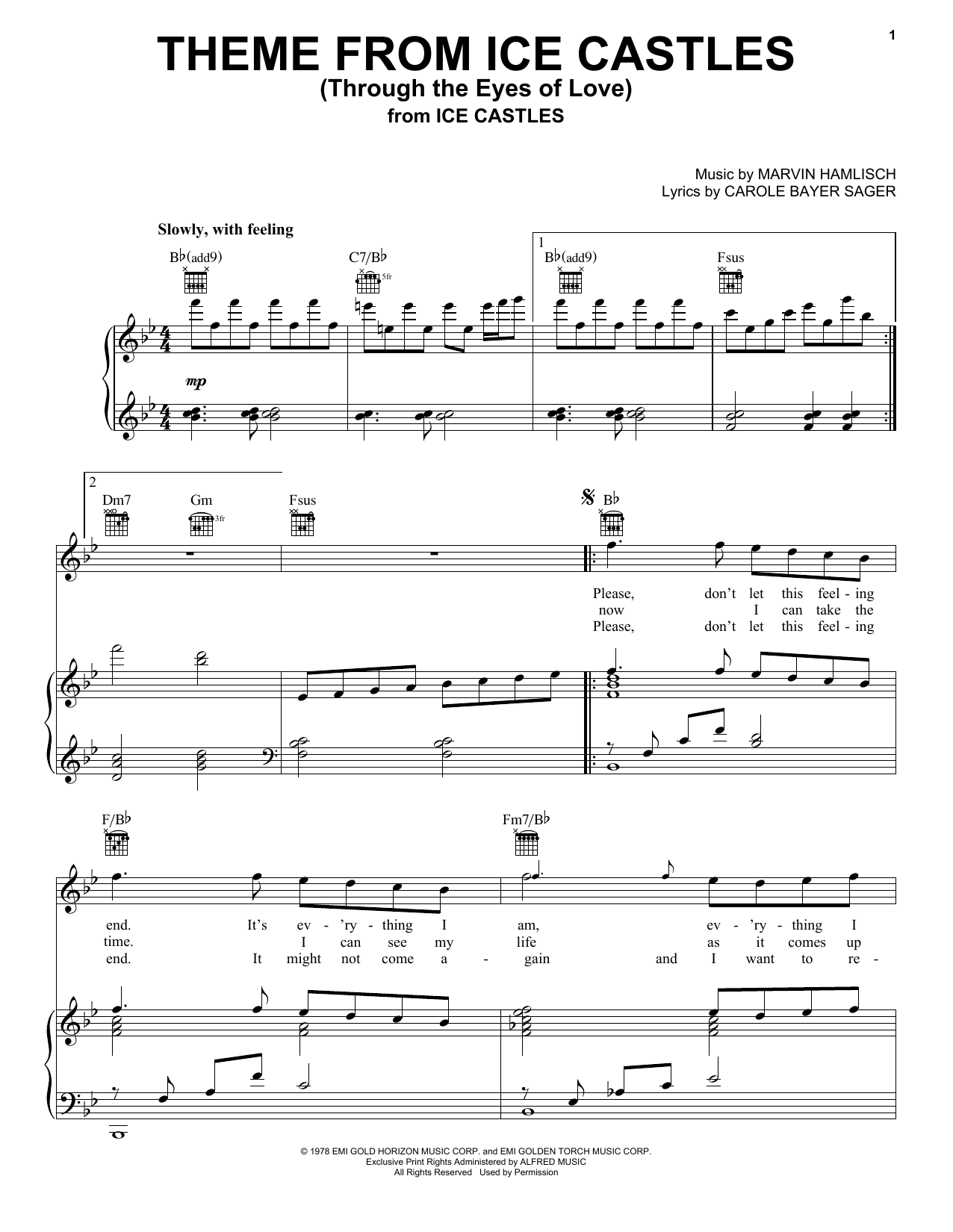Carole Bayer Sager Theme From Ice Castles (Through The Eyes Of Love) sheet music notes and chords arranged for Real Book – Melody & Chords