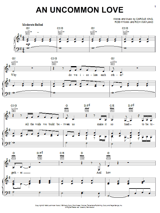 Carole King An Uncommon Love sheet music notes and chords arranged for Piano, Vocal & Guitar Chords (Right-Hand Melody)