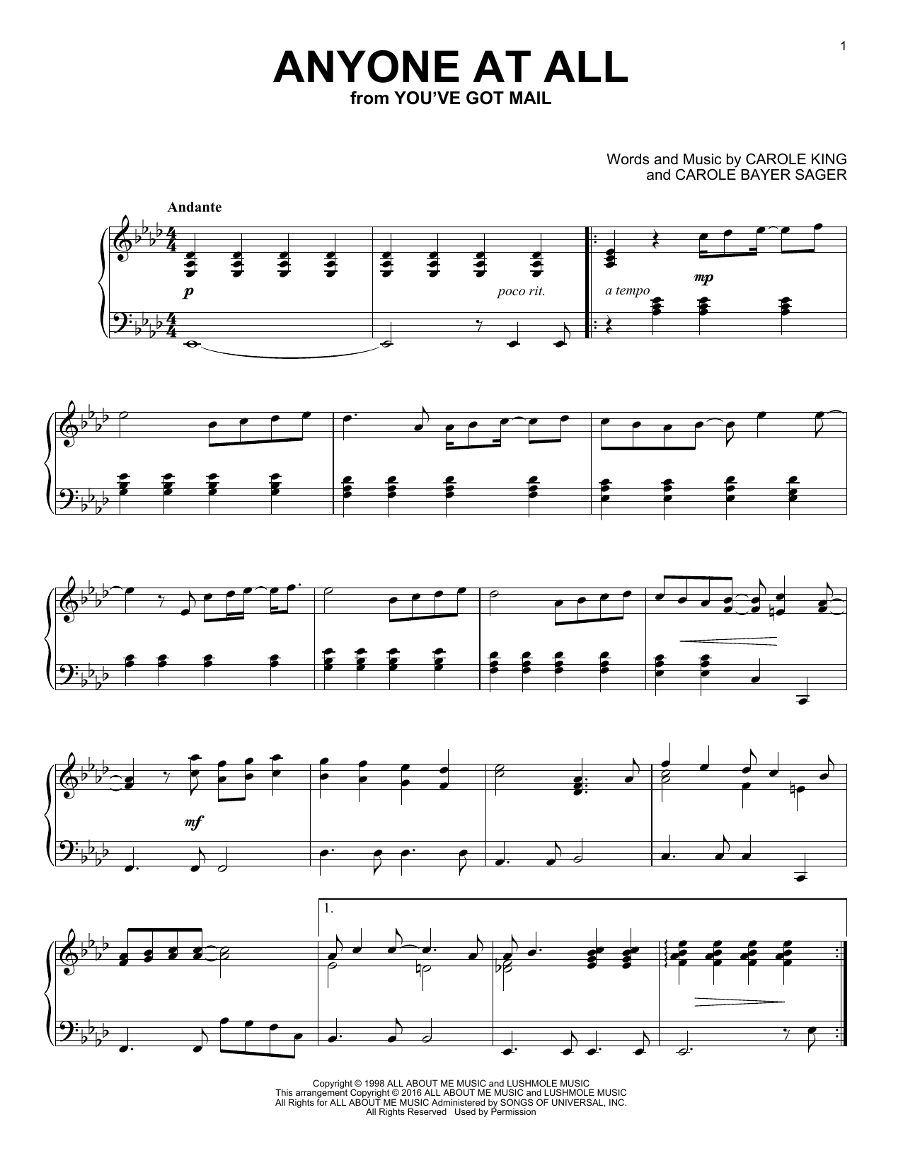 Carole King Anyone At All sheet music notes and chords arranged for Piano Solo