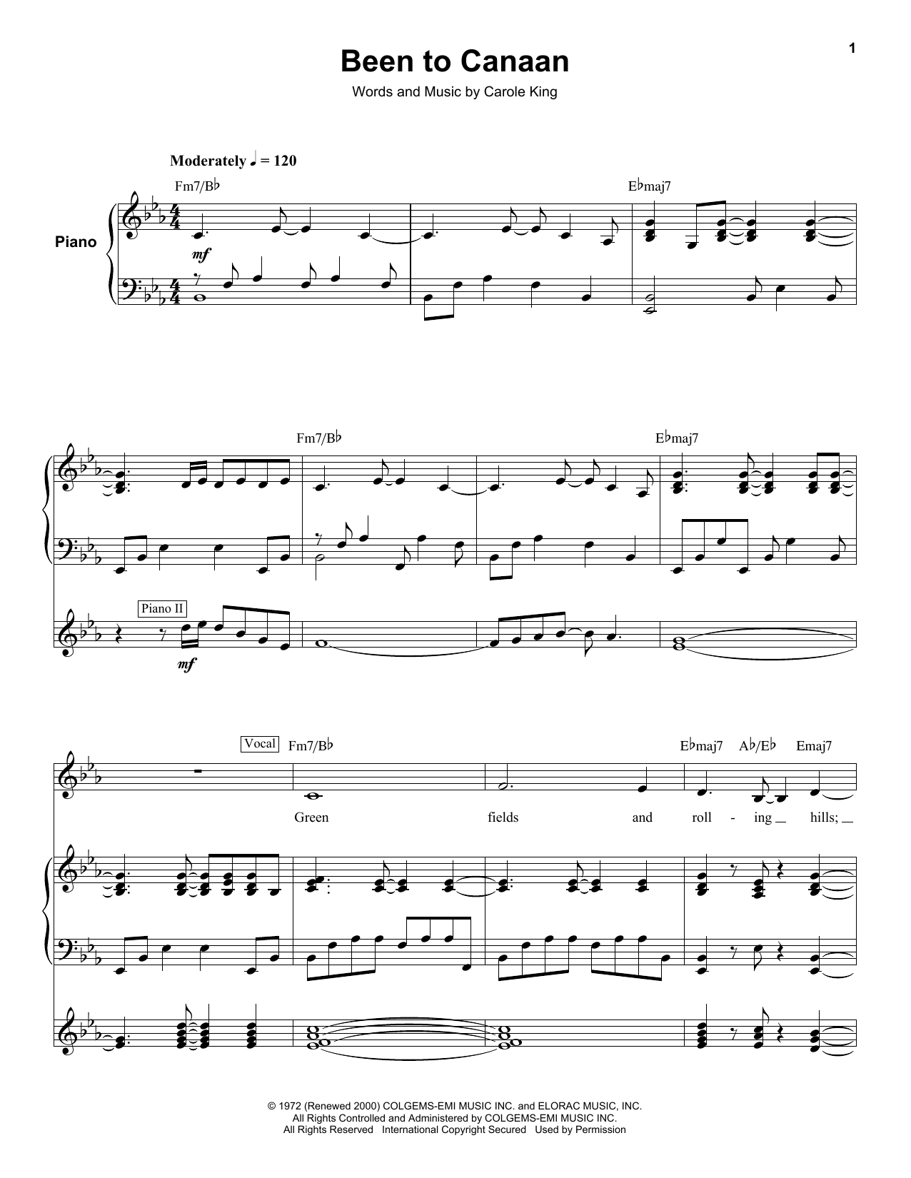 Carole King Been To Canaan sheet music notes and chords arranged for Keyboard Transcription