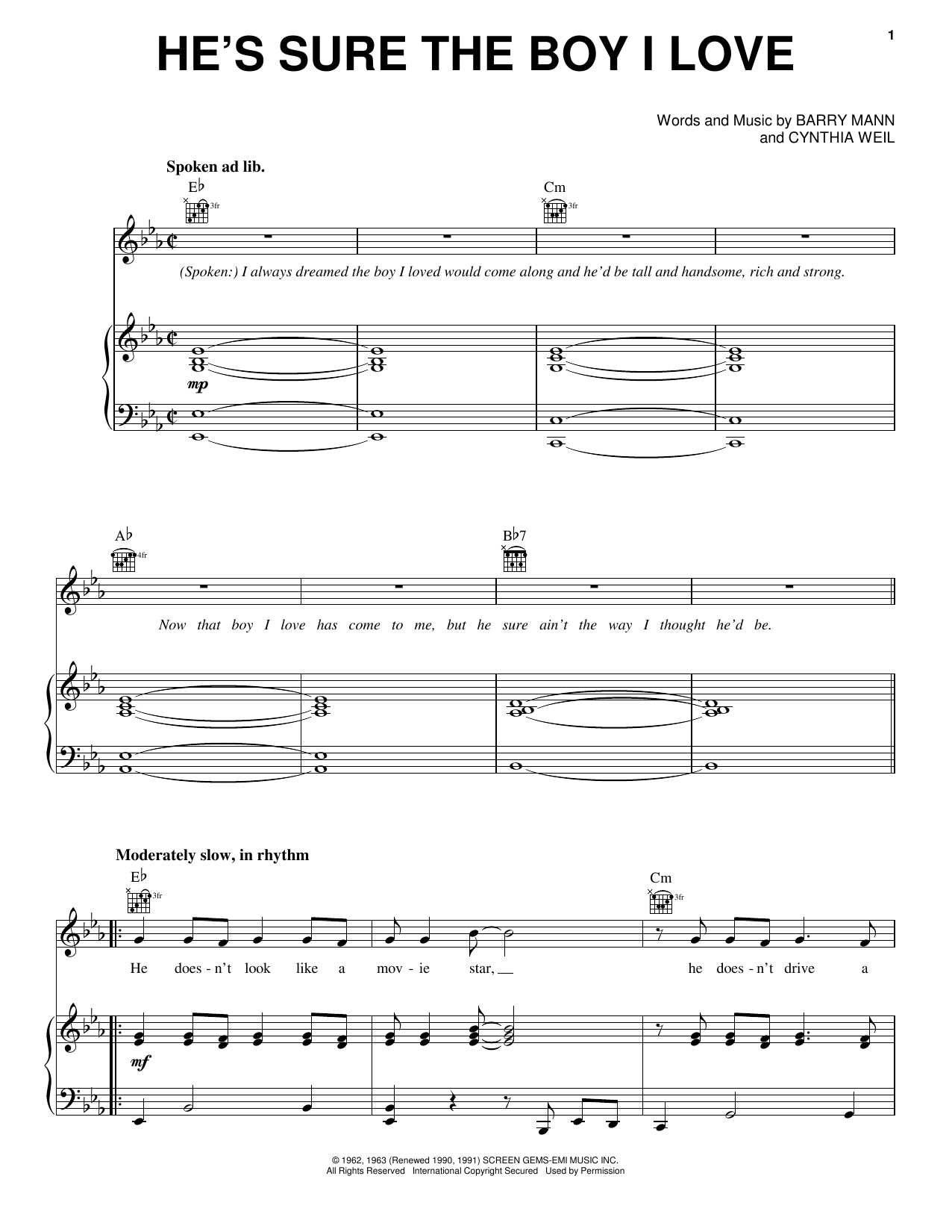 Carole King He's Sure The Boy I Love sheet music notes and chords arranged for Piano, Vocal & Guitar Chords (Right-Hand Melody)