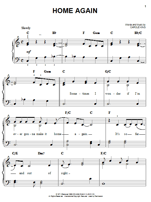 Carole King Home Again sheet music notes and chords arranged for Keyboard Transcription