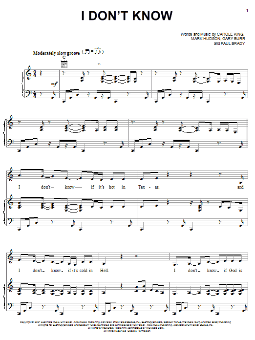 Carole King I Don't Know sheet music notes and chords arranged for Piano, Vocal & Guitar Chords (Right-Hand Melody)