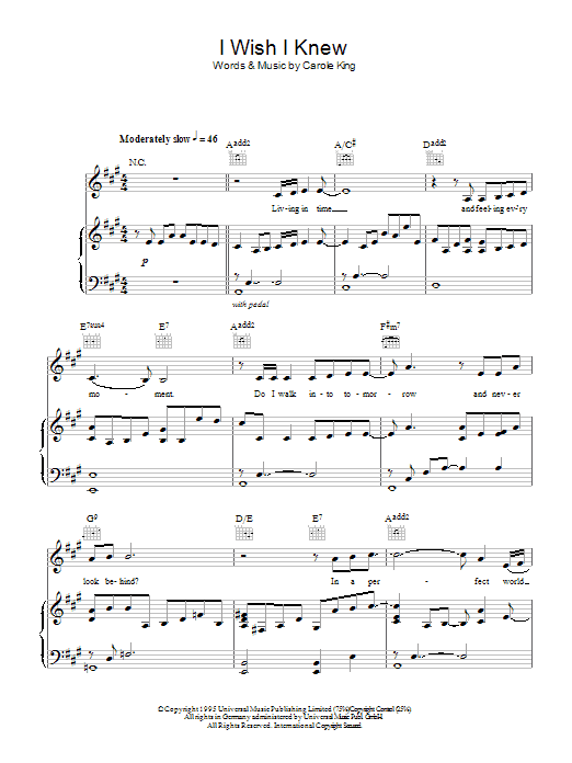 Carole King I Wish I Knew sheet music notes and chords arranged for Piano, Vocal & Guitar Chords